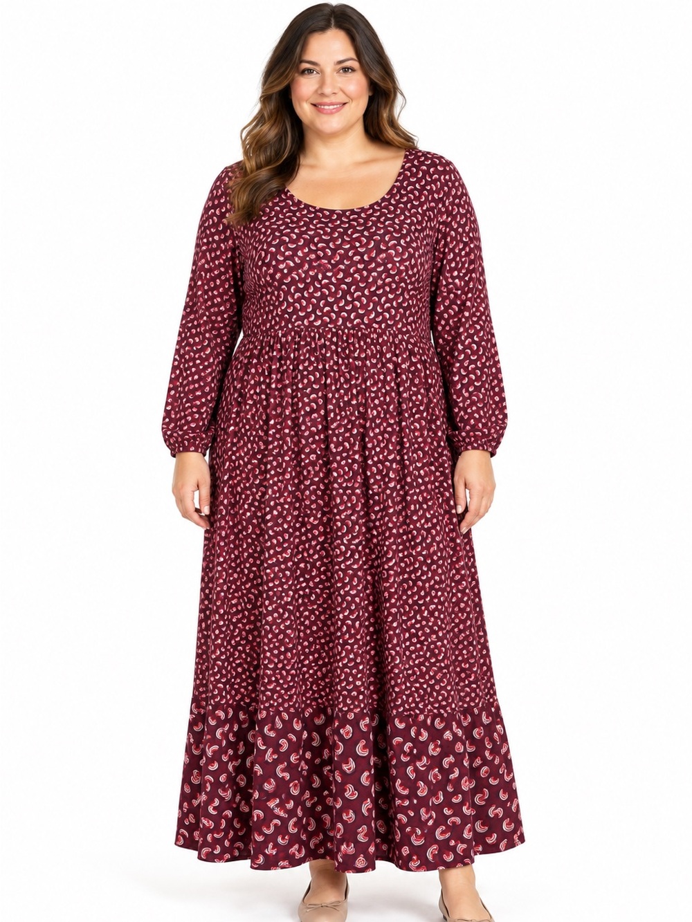 BODEN Burgundy Rainbow Print Jersey Maxi Dress w/Flounce Hem Size US 18 Long
